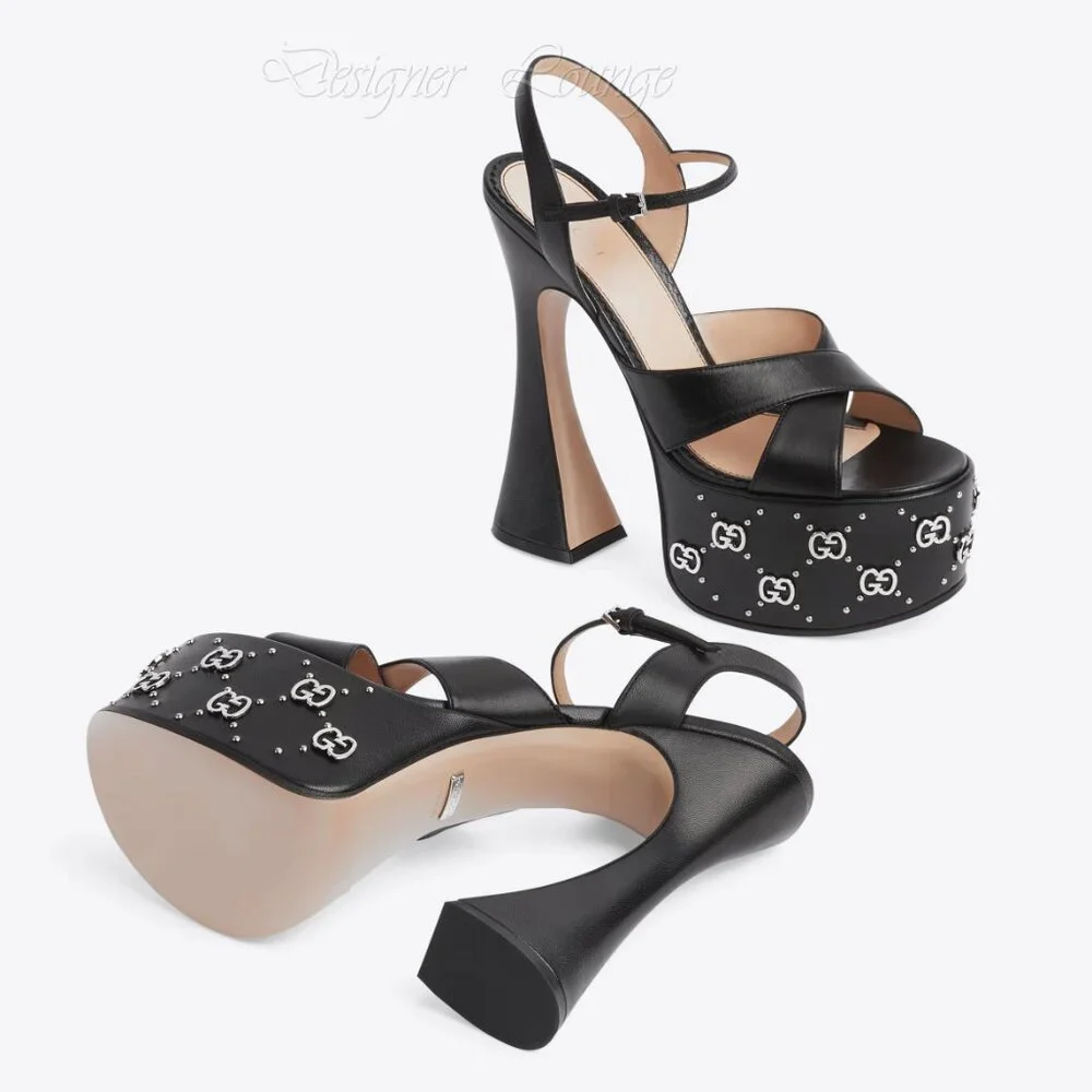 NEW GUCCI Janaya Interlocking G Studs Black Leather Platform Sandals 38.5 US 8.5